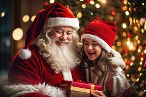 ai generativ Santa claus genießt Sein mit Kinder auf das gesegnet Weihnachten Vorabend foto