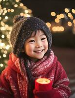 ai generativ, süß Kind im Santa claus Kostüm auf verschwommen schneebedeckt Weihnachten Vorabend Hintergrund foto