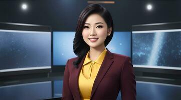 ai generativ, ein Foto von ein Fernseher Nachrichten weiblich Moderator auf ein Beliebt Kanal. Leben Strom Übertragung auf Fernsehen