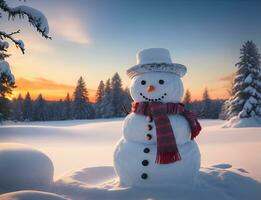 ai generativ, Weihnachten Winter mit Schneemann auf ein Landschaft Hintergrund foto