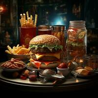 schnell Essen, Burger Hintergrund Bild ai generativ foto