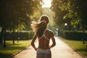 zurück Aussicht von jung sportlich Frau Laufen im das Park beim Sonnenaufgang, passen Frau Laufen im das Park Aussicht von hinter, ai generiert foto