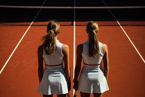 Rückseite Aussicht von zwei weiblich Tennis Spieler Stehen zurück zu zurück gegen Tennis Gericht, weiblich Tennis Spieler spielen, Rückseite Sicht, ai generiert foto