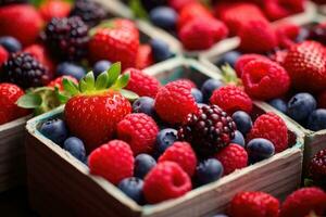 frisch Beeren im hölzern Kasten. selektiv Fokus. flach dof, Bauern Markt Beeren Sortiment Nahaufnahme. Erdbeeren, Blaubeeren, Himbeeren im Kisten, ai generiert foto