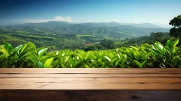 ai generiert ein hölzern Tabelle mit ein Grün Tee Feld, Berge, schön Blau Himmel wie das Hintergrund perfekt zum Getränke und Hautpflege Produkt Werbung. foto