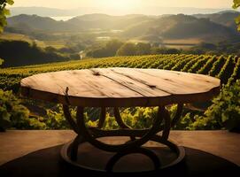 ai generiert ein runden hölzern Tabelle mit Weinberg, Berge, und schön Blau Himmel wie das Hintergrund, perfekt zum Getränke Tee, Kaffee, Wein, und usw. Werbung foto