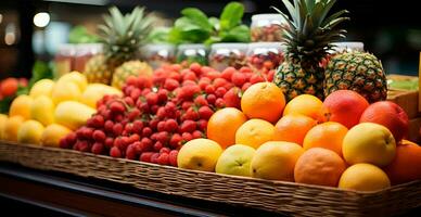 Lebensmittelgeschäft speichern, Supermarkt, frisch Obst Markt, Öko Essen - - ai generiert Bild foto