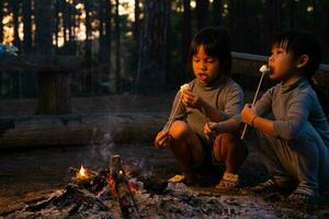 süße kleine schwestern, die marshmallows am lagerfeuer rösten. Kinder haben Spaß am Lagerfeuer. Camping mit Kindern im Winterkiefernwald. glückliche familie im urlaub in der natur. foto