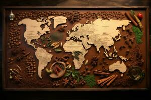 Karte von das Welt mit Gewürze und Kräuter im ein hölzern Kasten, Folgen das würzen Wanderwege mit ein Karte Hervorheben das Herkunft von aromatisch Schätze von um das Welt, präsentieren kulturelle, ai generiert foto