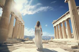 jung Frau im ein lange Weiß Kleid auf das Hintergrund von das Parthenon, Griechenland, weiblich Tourist Stehen im Vorderseite von das Parthenon, Rückseite Sicht, voll Körper, ai generiert foto