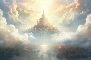 Magie Tempel im das Wolken. Fantasie Landschaft. 3d Wiedergabe, generieren ein Bild Das enthüllt das ätherisch Schönheit, ai generiert foto