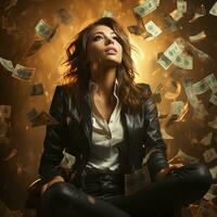 attraktiv jung Frau steht unter Geld fliegen Regen, ai generiert foto