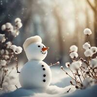 Schneemann mit Schal und Hut auf schneebedeckt Hintergrund. Weihnachten Karte. auf ein Hintergrund von ein Winter Landschaft erzeugen durch stabil Diffusion ai foto