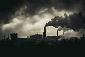 ein schwarz und Weiß Bild von Rauch Kommen aus von ein Fabrik, Luft Verschmutzung, global Erwärmen, generativ ai foto