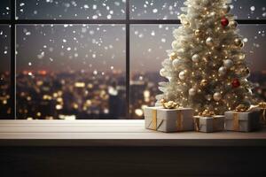 Weihnachten und Neu Jahr Hintergrund, ein Tabelle mit ein Weihnachten Baum und Geschenk Kisten, generativ ai foto