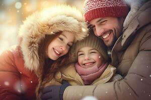 ein Familie im Winter Kleider steht und Chats im Vorderseite von ein Haus im Winter foto