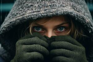 Frau mit Handschuhe auf Abdeckung seine Gesicht im Winter im ein Stadt auf das Mode Stil Bokeh Hintergrund foto