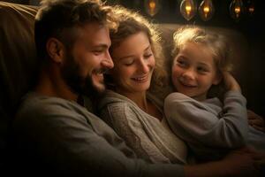 Familie Sitzung glücklich Aufpassen Fernsehen im Leben Zimmer auf Bokeh Stil Hintergrund foto