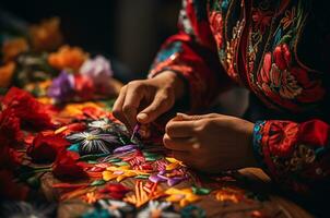 Hände basteln traditionell Mexikaner Papier Blume foto