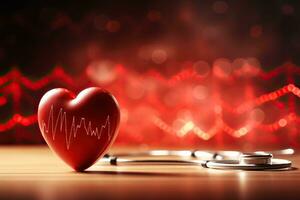 rot Herz mit Kardiogramm Linie und Stethoskop auf das Tisch. rot Bokeh im das Hintergrund. Gesundheitswesen und Medizin Konzept. generiert durch künstlich Intelligenz foto