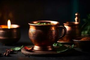 kommerziell Werbung Foto, schön dunkel Hintergrund, modisch Kupfer Becher mit indisch trinken, würzen Tee, Masala. ai generativ foto