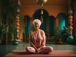 ein glücklich Alten Frau im schön Kleider meditiert im ein schön orientalisch Stil Zimmer. Yoga Klassen, spirituell Praktiken Methoden Ausübungen. ai generiert foto
