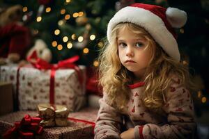 ernst traurig wenig Mädchen ist Sitzung im Vorderseite von ein Weihnachten Baum generativ ai foto