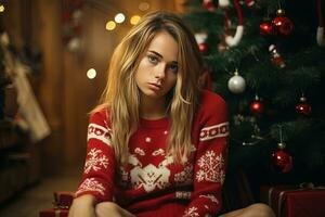 traurig Mädchen Sitzung auf das Hintergrund von ein Weihnachten Baum ai generativ foto