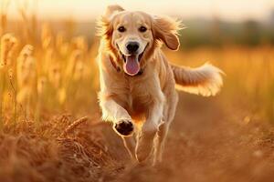 golden Retriever Laufen im das Feld beim Sonnenuntergang, schließen hoch, golden Retriever Hund Laufen im das Feld mit verschwommen Hintergrund, ai generiert foto