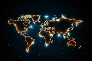 global Netzwerk Verbindung Konzept. polygonal Welt Karte. Vektor Illustration, global Netzwerk Verbindung auf ein Welt Karte Hologramm, schwarz Hintergrund, ai generiert foto