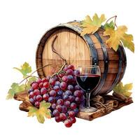 Aquarell Zeichnung, Fass von Wein. rot Wein im ein Glas, Trauben. Jahrgang Illustration foto