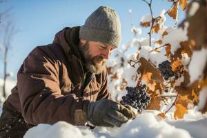 Winzer inmitten Schnee drapiert Reben basteln sub Null Süße in Eis Wein foto