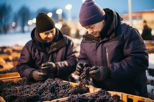 Traube Selektoren vorsichtig inspizieren gefroren Trauben zum exquisit Eis Wein Produktion foto