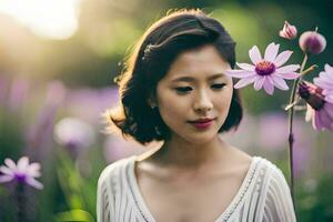 schön asiatisch Frau im ein Feld von Blumen. KI-generiert foto