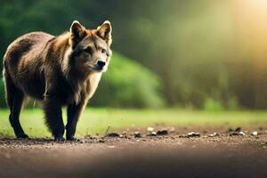 ein Wolf ist Gehen auf ein Schmutz Straße. KI-generiert foto