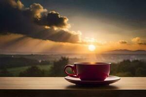 ein Tasse von Kaffee auf das Fenster Schwelle. KI-generiert foto