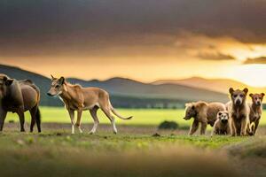 ein Gruppe von Löwen und Hunde Gehen im das Gras. KI-generiert foto