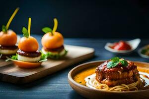 ein hölzern Tafel mit Essen auf Es. KI-generiert foto