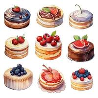 Aquarell Zeichnung, einstellen von Kuchen und Gebäck mit ausgepeitscht Creme, Beeren und Schokolade. im Jahrgang Stil, retro. Dessert foto