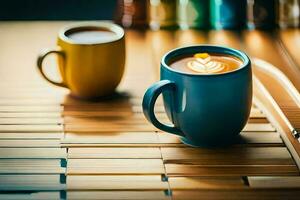 zwei Kaffee Tassen sitzen auf ein hölzern Tisch. KI-generiert foto