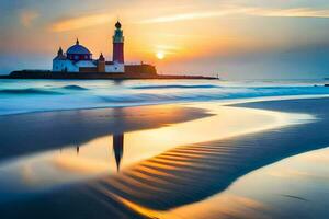 ein Leuchtturm auf das Strand beim Sonnenuntergang. KI-generiert foto