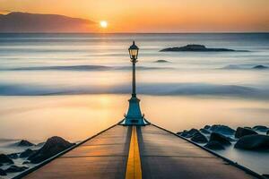 ein Straße Licht ist auf das Ende von ein Seebrücke beim Sonnenuntergang. KI-generiert foto