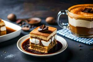 ein Dessert mit Kaffee und Schokolade auf ein Platte. KI-generiert foto