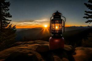 ein Laterne ist zündete oben beim Sonnenuntergang im das Berge. KI-generiert foto