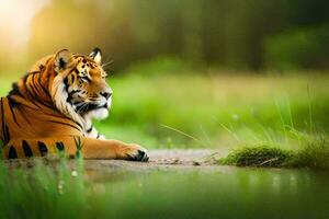 ein Tiger Sitzung auf das Gras im das Mitte von ein Feld. KI-generiert foto