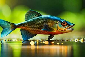 ein Fisch ist Stehen auf das Wasser mit ein Grün Hintergrund. KI-generiert foto