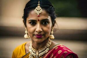ein Frau im traditionell indisch Kleidung mit Gold Schmuck. KI-generiert foto