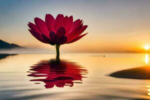 ein rot Lotus Blume ist reflektiert im das Wasser beim Sonnenuntergang. KI-generiert foto