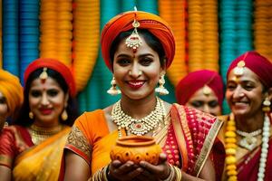 indisch Frauen im traditionell Kleidung halten ein Topf. KI-generiert foto