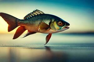 ein Fisch ist Schwimmen im das Wasser beim Sonnenuntergang. KI-generiert foto